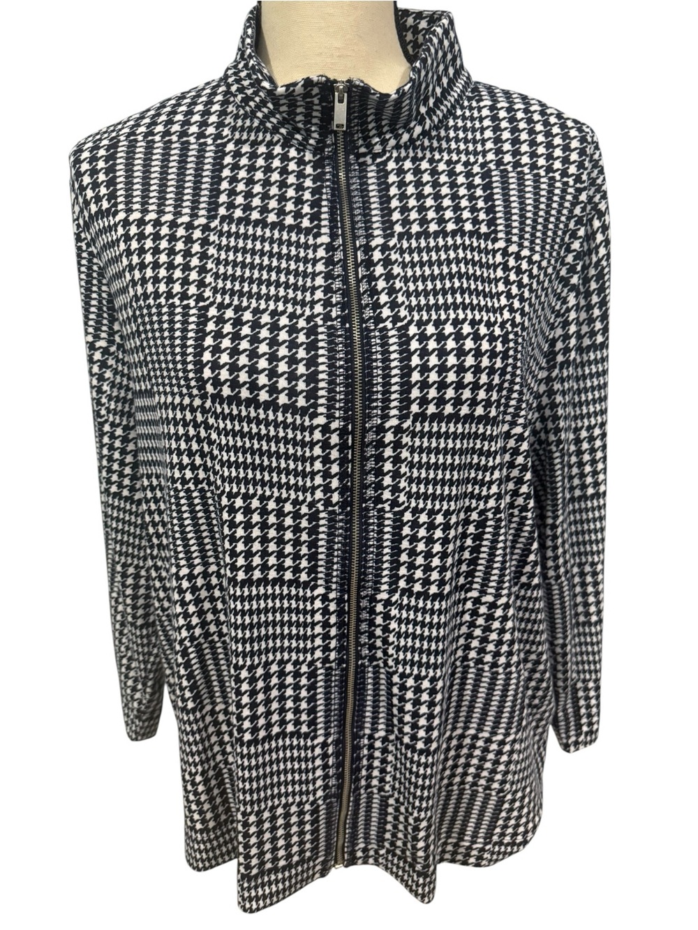 Weekends by Chicos Women’s Houndstooth Zip-Front Jacket Navy Blue Size XL